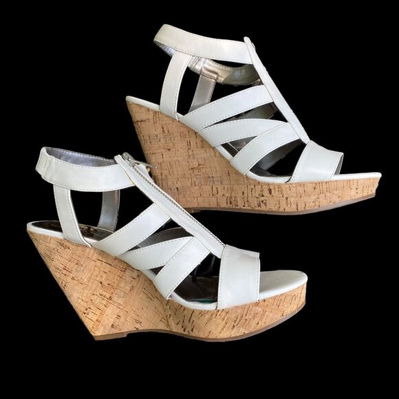 White Strappy Wedge Sandals With Cork Heel Size 9M By Carlos - Picture 7 of 8